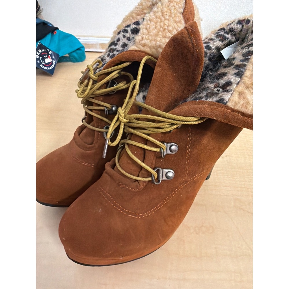 Cognac Faux Suede Lace Up Platform Heel Boots Shearling Leopard Cuff Size 36